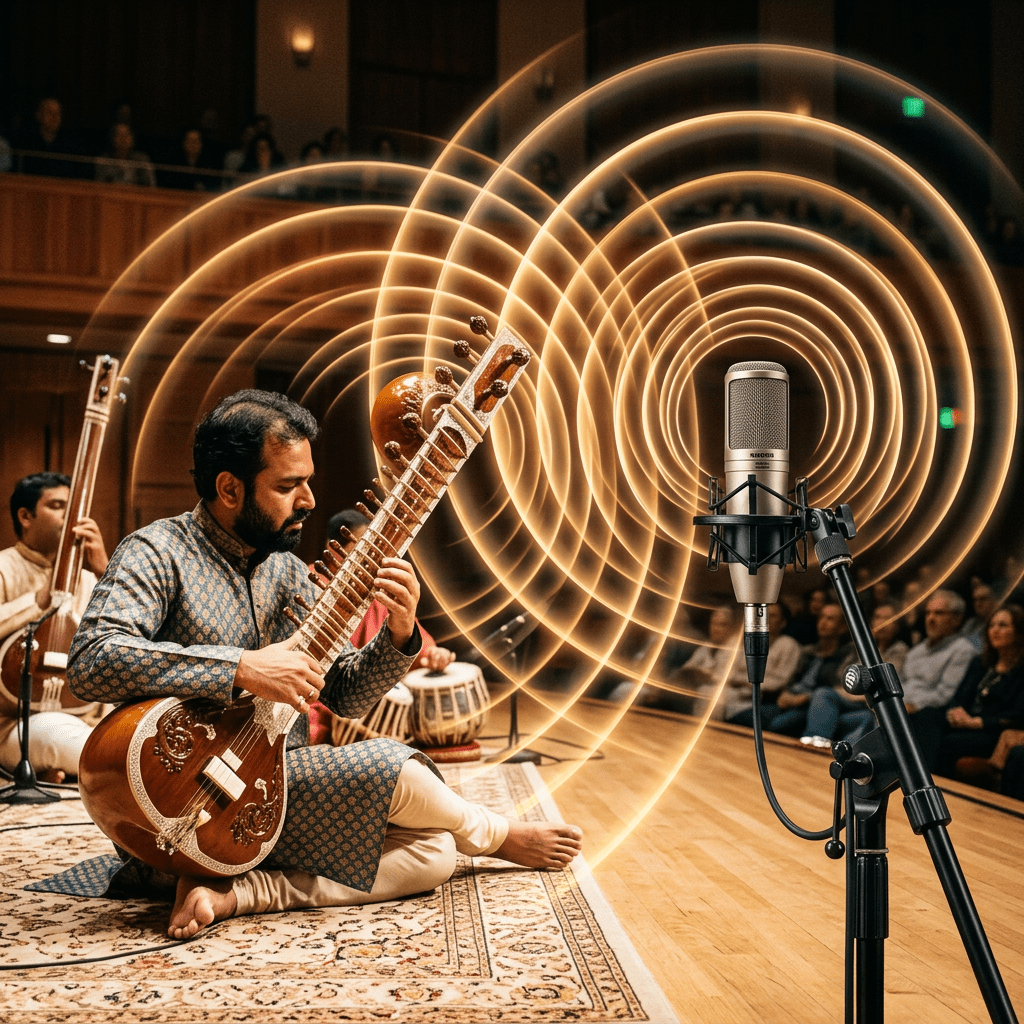 Sitar musician performing beside a microphone with glowing soundwave rings